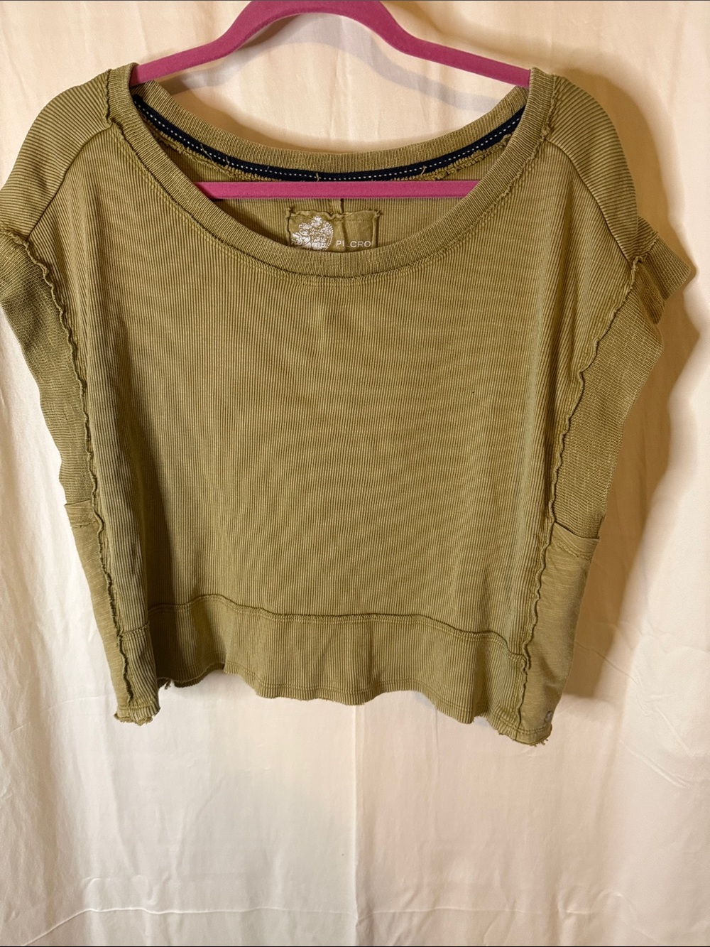 Anthropologie Olive Ribbed Short Sleeve Crop Top